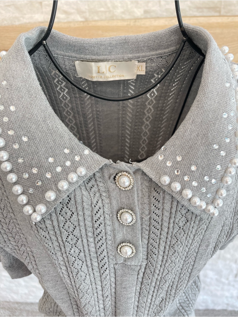 Grey Pearl-Rhinestone Embellished Knit Sweater - Picture 2 of 5